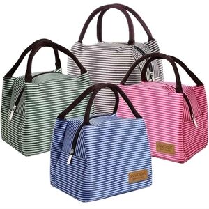 Striped Women's Lunch Box Tote Bag - Pink, Blue, Green, Black, Red Insulated Whi